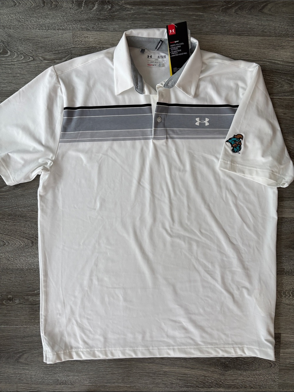 Under Armour White Polo with Gray Stripe Chest Panel CCU branded